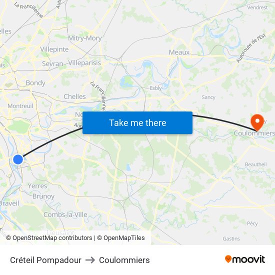 Créteil Pompadour to Coulommiers map