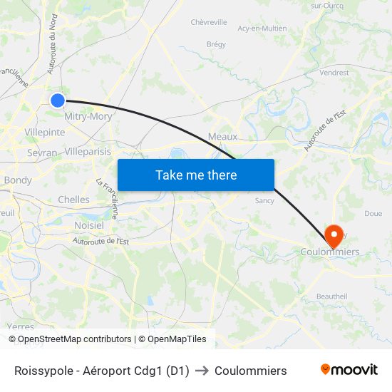 Roissypole - Aéroport Cdg1 (D1) to Coulommiers map