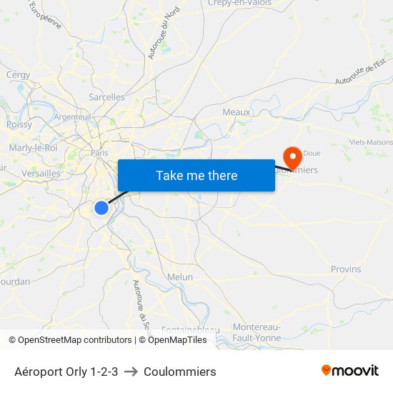 Aéroport Orly 1-2-3 to Coulommiers map