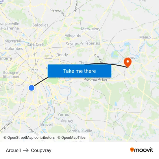 Arcueil to Coupvray map