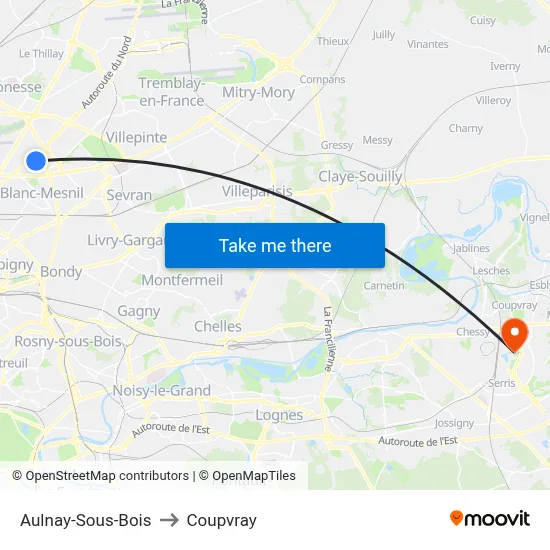 Aulnay-Sous-Bois to Coupvray map