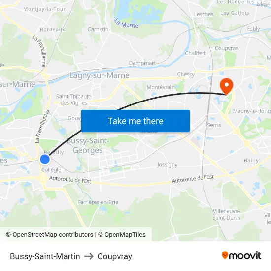 Bussy-Saint-Martin to Coupvray map