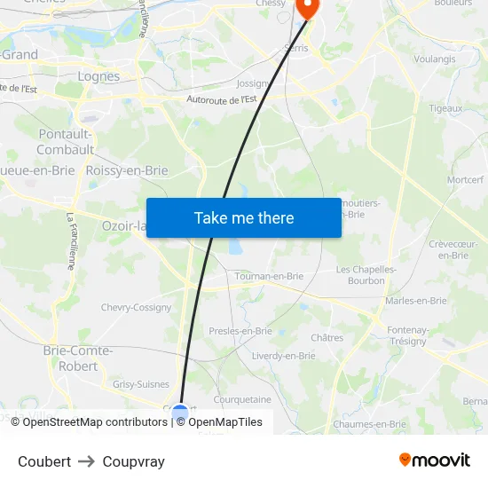 Coubert to Coupvray map