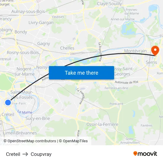 Creteil to Coupvray map