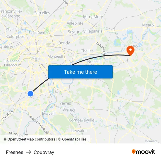 Fresnes to Coupvray map
