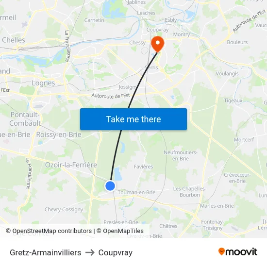 Gretz-Armainvilliers to Coupvray map