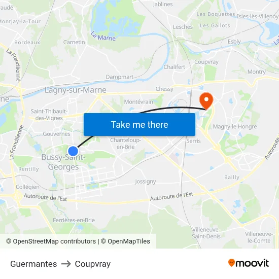 Guermantes to Coupvray map