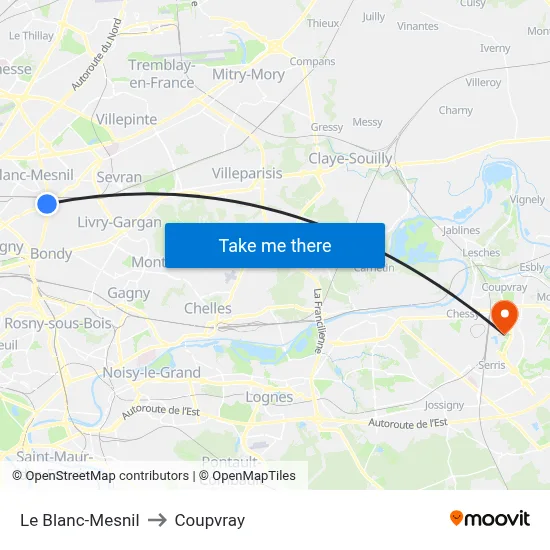 Le Blanc-Mesnil to Coupvray map