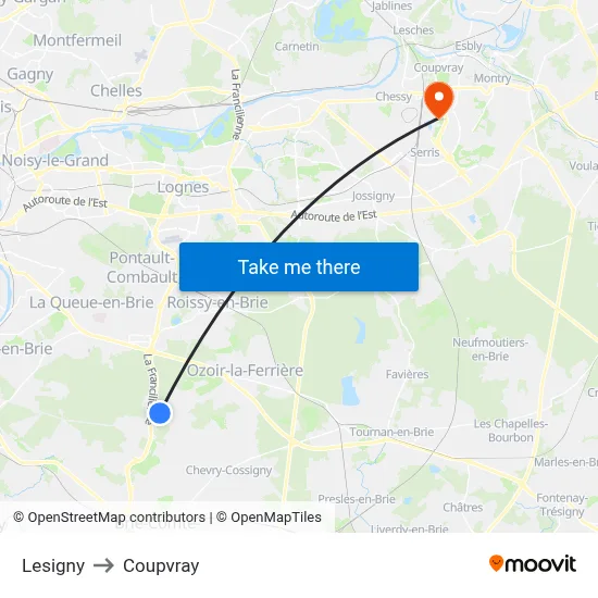 Lesigny to Coupvray map