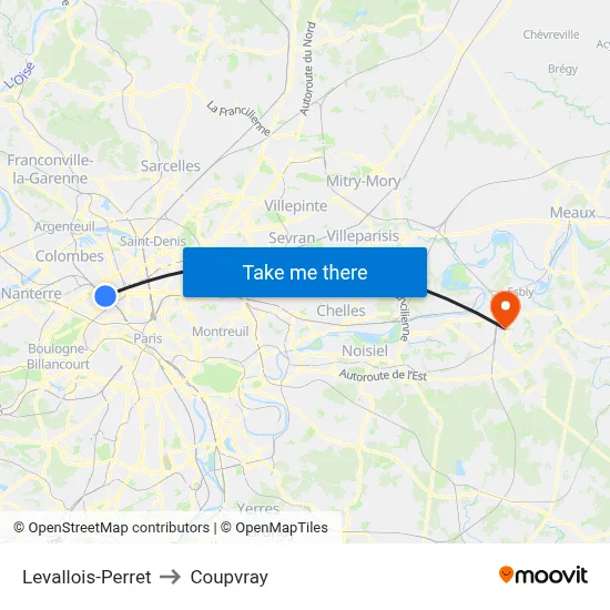 Levallois-Perret to Coupvray map