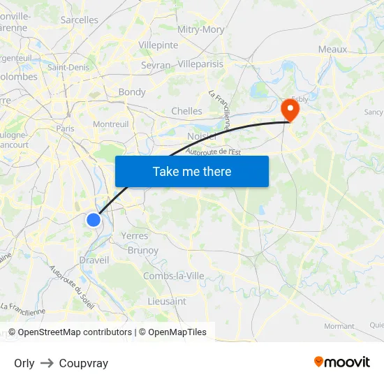 Orly to Coupvray map