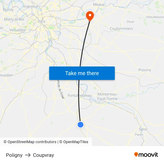 Poligny to Coupvray map