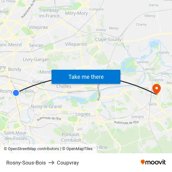 Rosny-Sous-Bois to Coupvray map