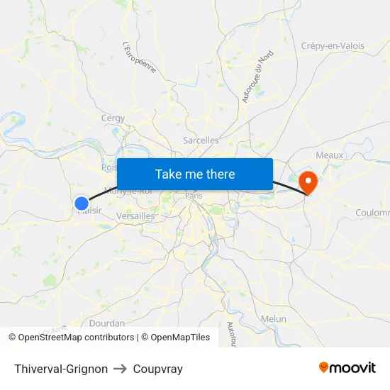 Thiverval-Grignon to Coupvray map