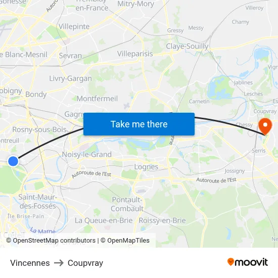 Vincennes to Coupvray map