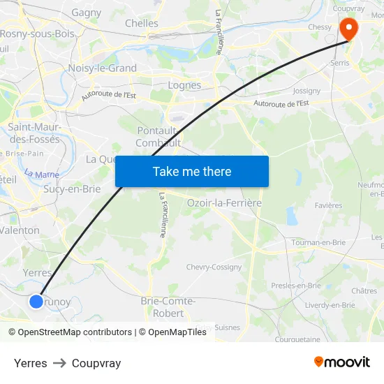 Yerres to Coupvray map