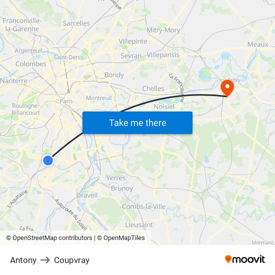 Antony to Coupvray map