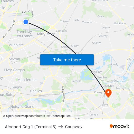 Aéroport Cdg 1 (Terminal 3) to Coupvray map