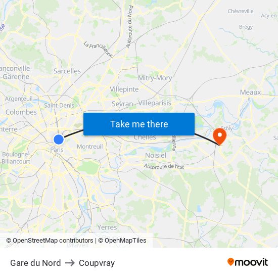 Gare du Nord to Coupvray map