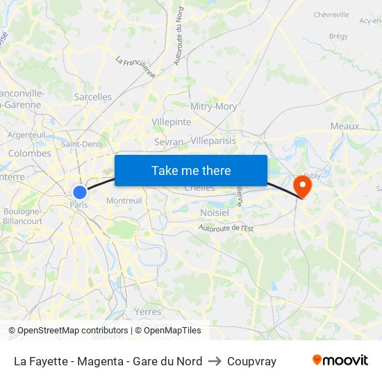 La Fayette - Magenta - Gare du Nord to Coupvray map