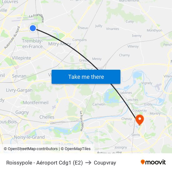 Roissypole - Aéroport Cdg1 (E2) to Coupvray map