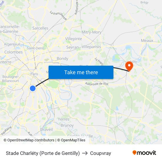 Stade Charléty (Porte de Gentilly) to Coupvray map
