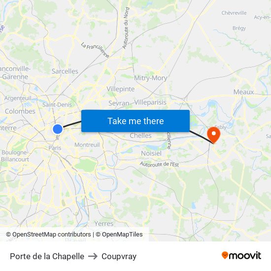 Porte de la Chapelle to Coupvray map