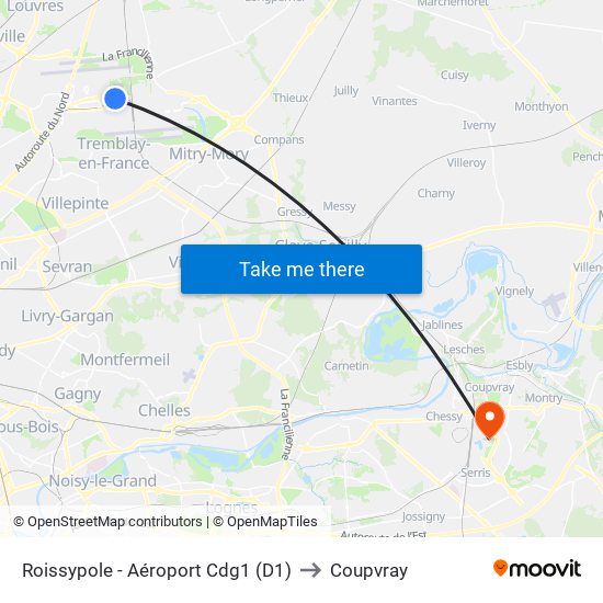 Roissypole - Aéroport Cdg1 (D1) to Coupvray map