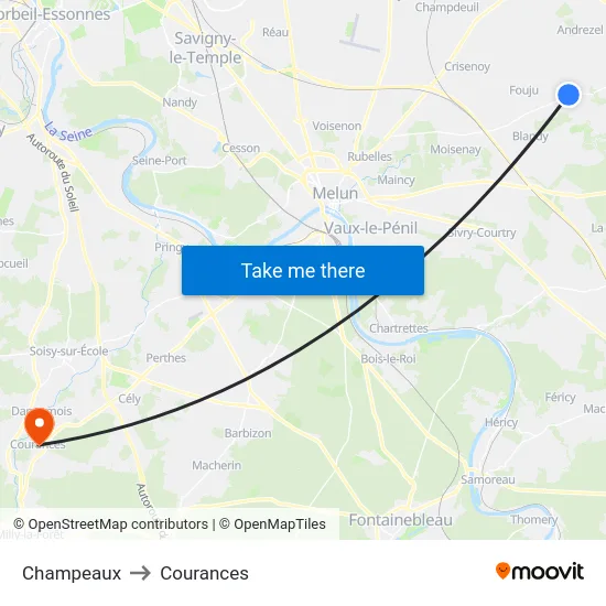 Champeaux to Courances map