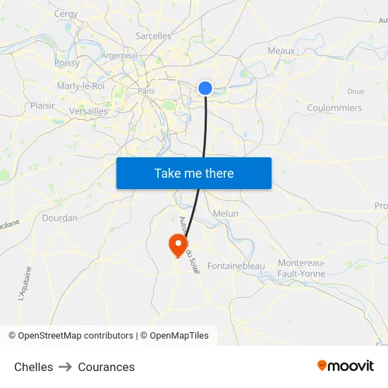 Chelles to Courances map