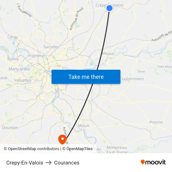 Crepy-En-Valois to Courances map