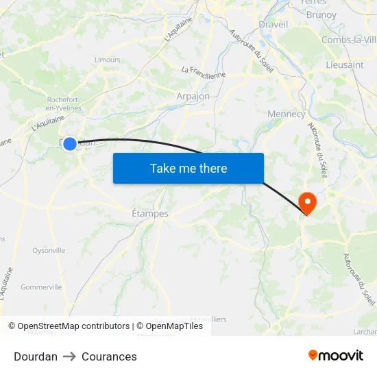 Dourdan to Courances map