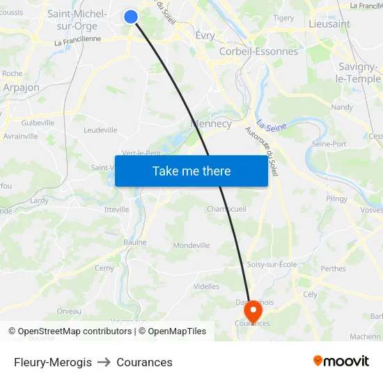 Fleury-Merogis to Courances map