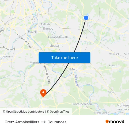Gretz-Armainvilliers to Courances map