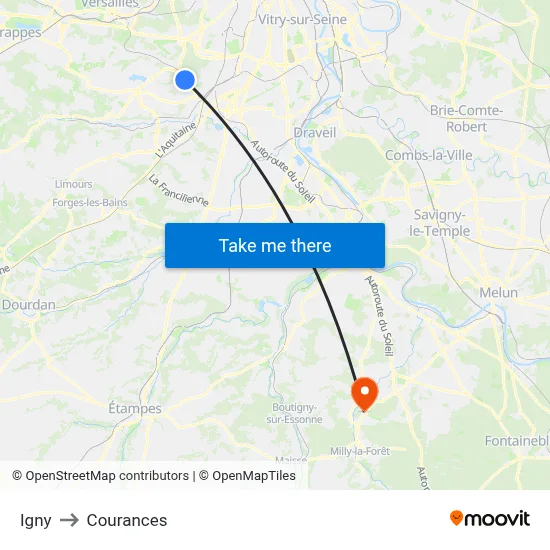Igny to Courances map