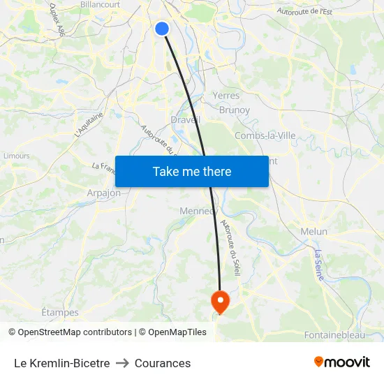 Le Kremlin-Bicetre to Courances map