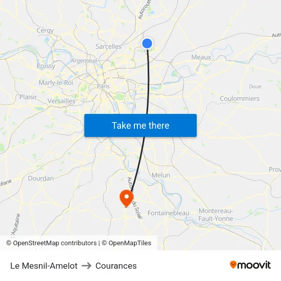 Le Mesnil-Amelot to Courances map