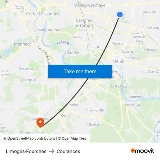 Limoges-Fourches to Courances map