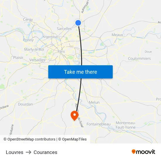 Louvres to Courances map