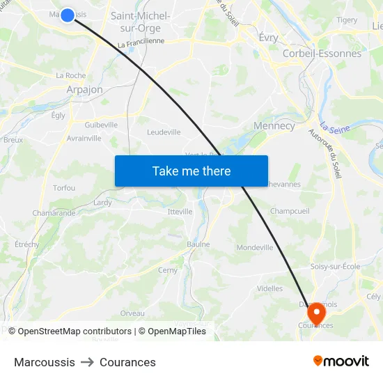 Marcoussis to Courances map