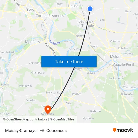 Moissy-Cramayel to Courances map