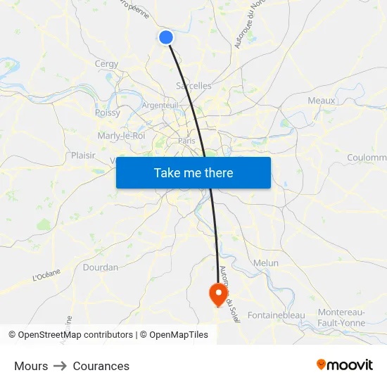 Mours to Courances map