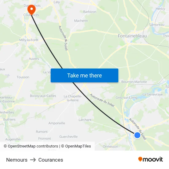Nemours to Courances map