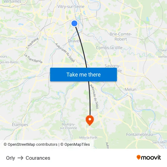 Orly to Courances map