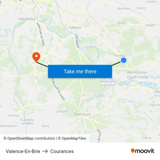 Valence-En-Brie to Courances map