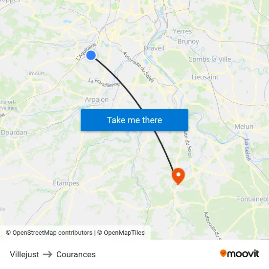 Villejust to Courances map