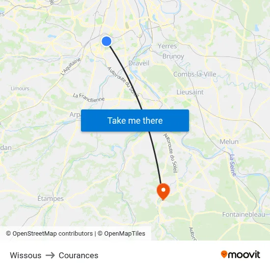 Wissous to Courances map