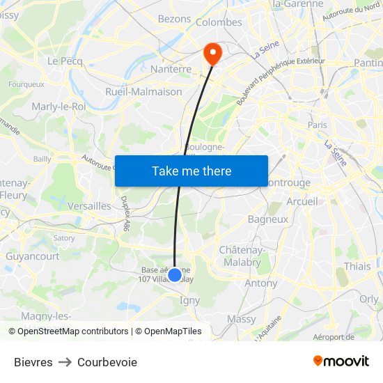 Bievres to Courbevoie map