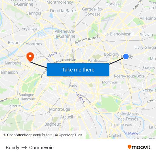 Bondy to Courbevoie map