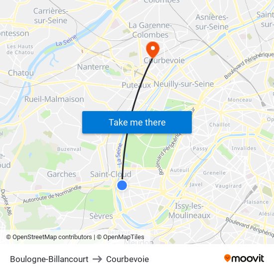 Boulogne-Billancourt to Courbevoie map